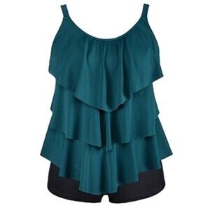 Teal Black Tankini Set Layered Ruffle Top Boyshorts Size 10 NWT #6973